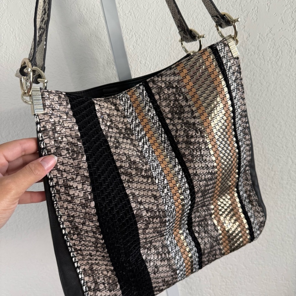 Vince Camuto Ashby Black Multi Leather Tote Bag Snakeskin Patchwork Purse Tote - Picture 2 of 15